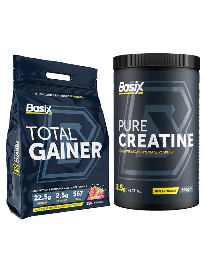 Basix Exclusive Bunde Offer - Total Gainer High Protein & High Carb Weight Gainer Formula Strawberry Swirl 15LB and Pure Creatine Unflavored 500 Gm - Image 1